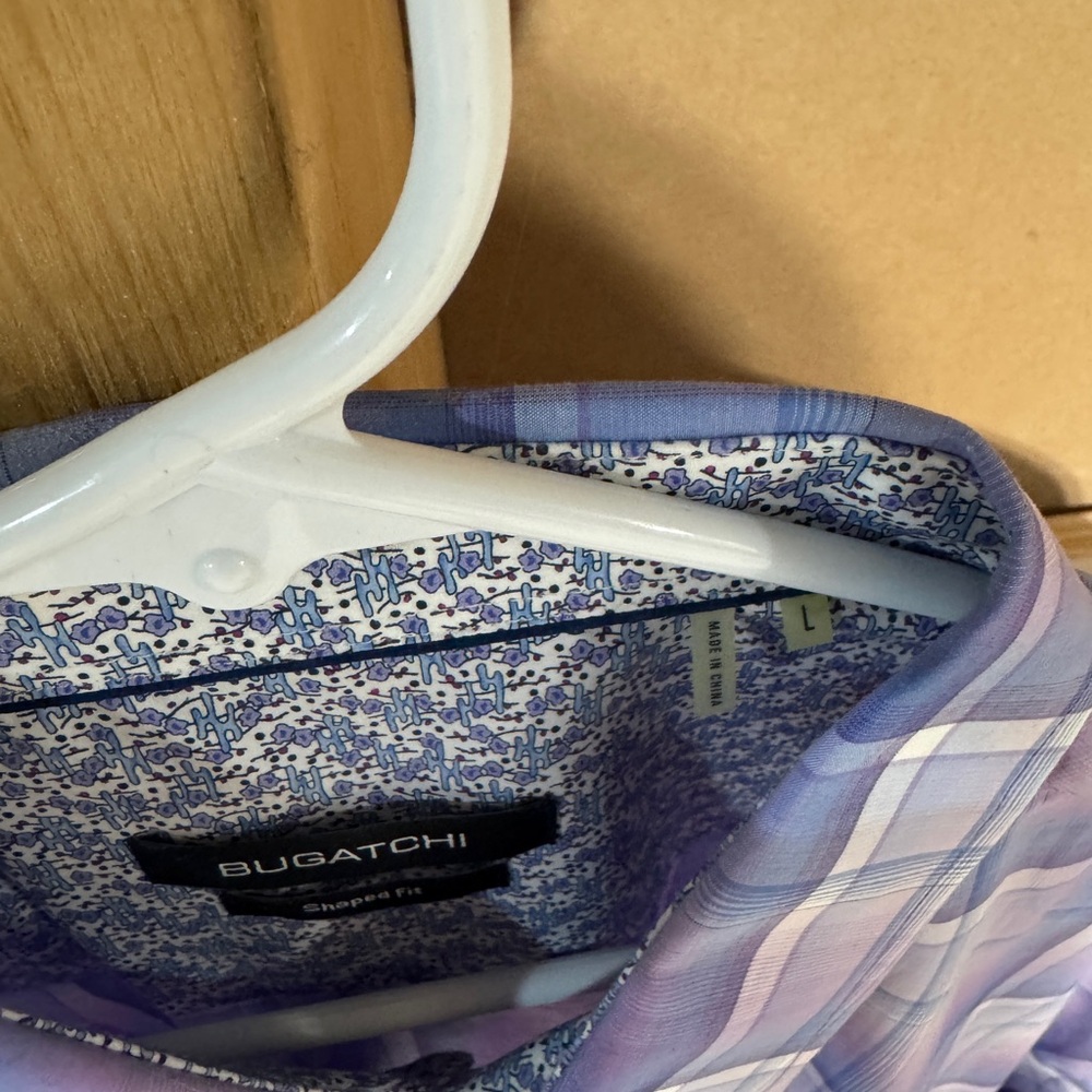 Bugatchi Men's Lavender and Light Blue Plaid Button-Down Shirt - Picture 3 of 3